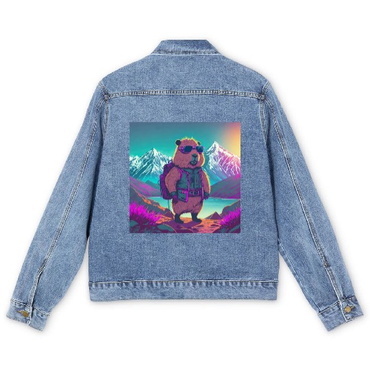 Capybara hiking thru the Mountains Men's Denim Jackets