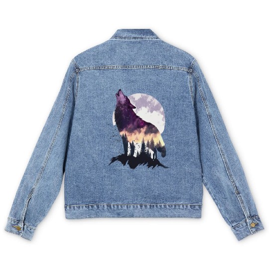 Wolf Print, Cosmic Wolves, Animal Print, Cosmos Men's Denim Jackets