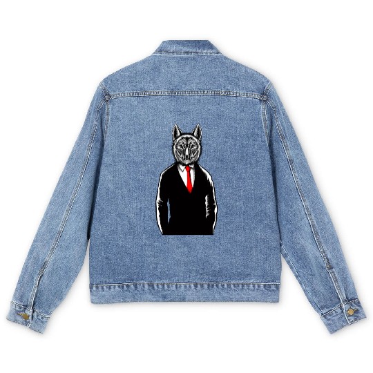 Wolf Wearing Tux Men's Denim Jackets Funny Canine Wolves Vest