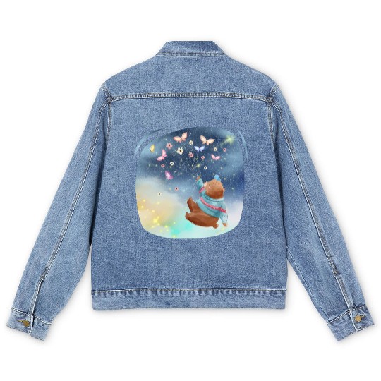 Teddy Bear Up To Sky Using Butterfly Excited Men's Denim Jackets