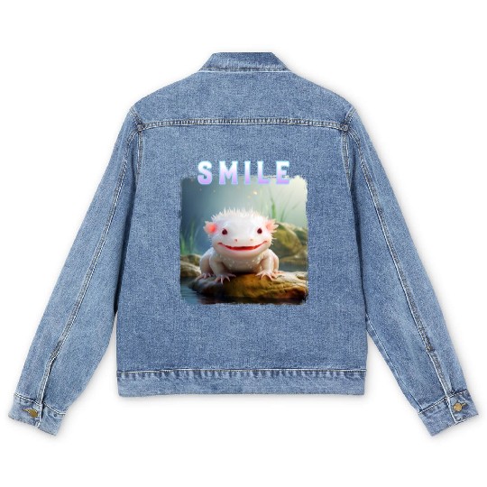Whimsical Axolotl with Smile and Pastel Text Men's Denim Jackets