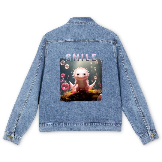 Whimsical Axolotl with Bubbles Men's Denim Jackets
