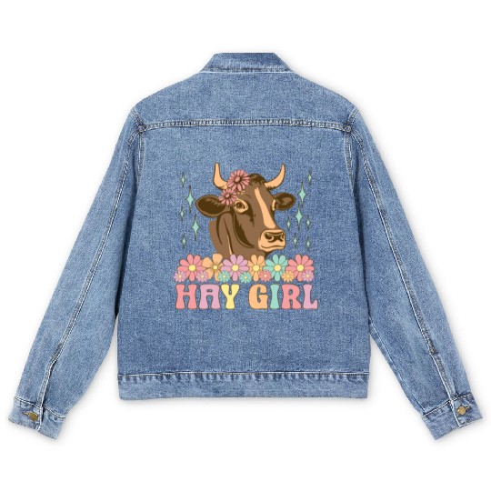 Hay Girl Groovy Cow Cattle Heifer Cowgirl Men's Denim Jackets
