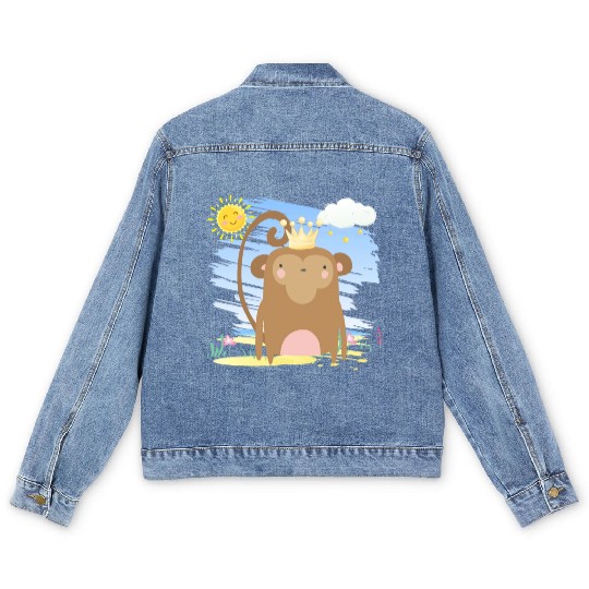 Kawaii Monkey King Using Crown Adorable Cartoon Men's Denim Jackets
