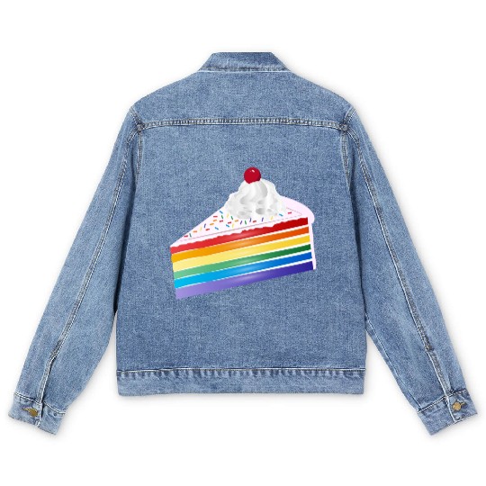 Piece of rainbow cake with cream and cherry Men's Denim Jackets