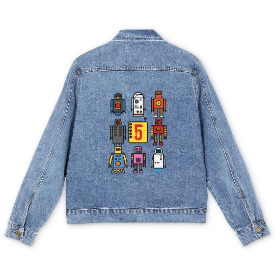 Robot 5th Birthday - Retro Robotics with number Men's Denim Jackets