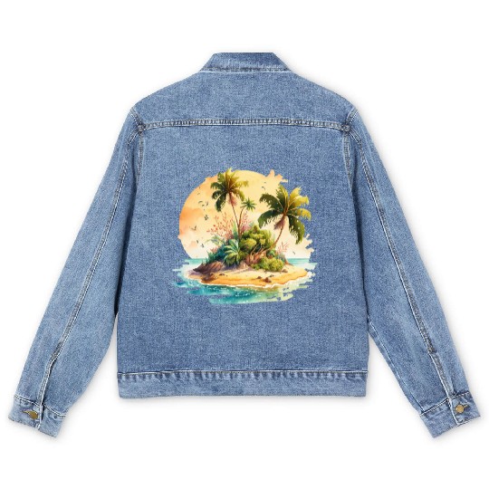 Tropical Watercolor Paradise, Summer Clipart Men's Denim Jackets