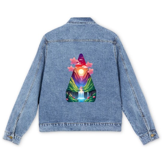 sunrise waterfall scenery Men's Denim Jackets