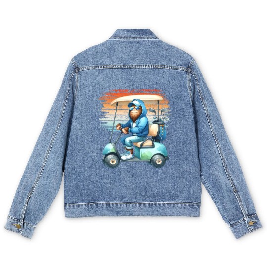 Bigfoot Golf Adventure Watercolor Golfer Cart Men's Denim Jackets