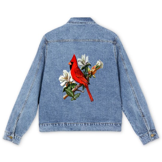 Northern Red Cardinal On A Branch Men's Denim Jackets