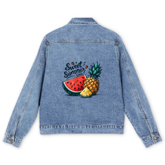 Sweet Summer Time Watermelon and Pineapple Men's Denim Jackets