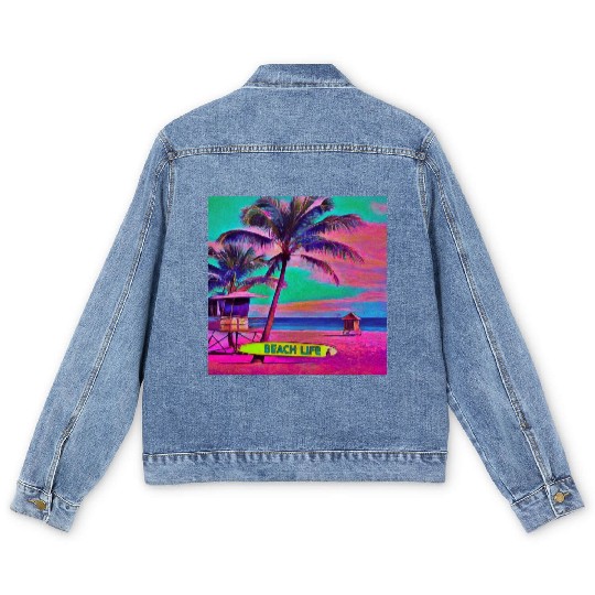 Neon Beach Life Scene 90's Vibes - Surfboard, Sand Men's Denim Jackets