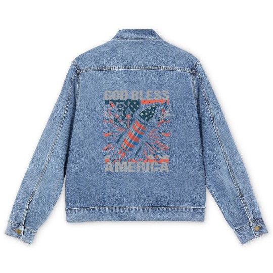 God Bless America Retro US Flag Funny Fireworks Men's Denim Jackets