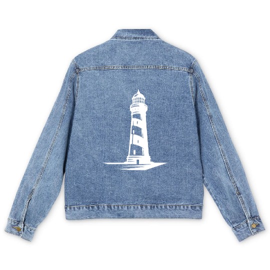 Old Lonely Striped Coastal Lighthouse Men's Denim Jackets