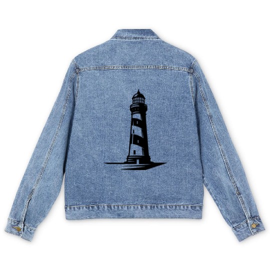 Old Lonely Striped Coastal Lighthouse Men's Denim Jackets