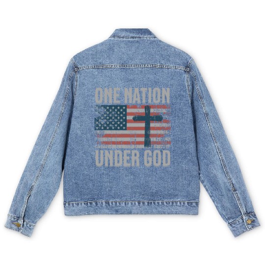One Nation Under God Retro US Flag Christian Cross Men's Denim Jackets