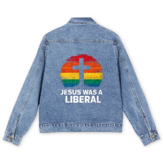 Jesus Was A Liberal Retro Sunset Progressive Men's Denim Jackets