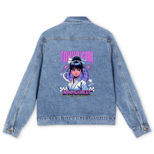 anime tokyo girl in black belt Men's Denim Jackets