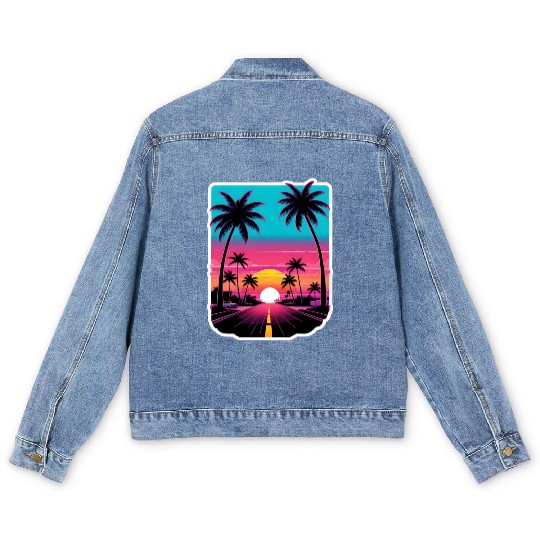 Lonely Road to Miami Sunset Vaporwave 80s Men's Denim Jackets