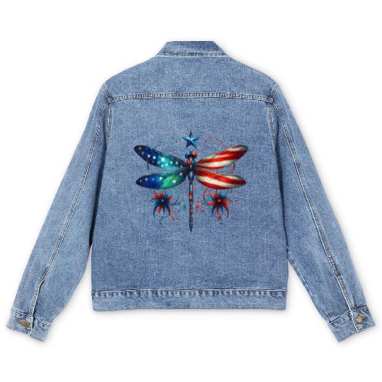 American Flag Dragonfly Patriotic 4th of July Men's Denim Jackets