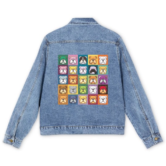 Bulldog Patchwork: Vivid Canine Quilt Men's Denim Jackets