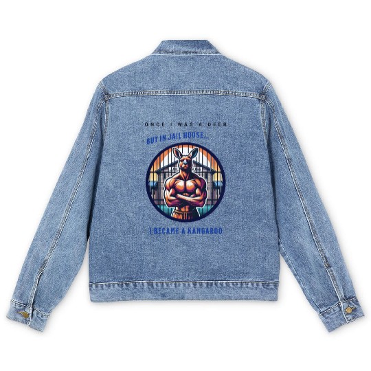 Kangaroo breaks out of jail funny vector graphic Men's Denim Jackets