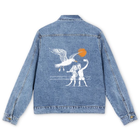 Seagull Surprise: The Ultimate Beach Photobomb Men's Denim Jackets