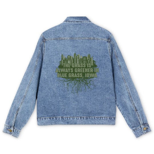 Grass Greener in Blue Grass Iowa Pun IA Joke Des M Men's Denim Jackets