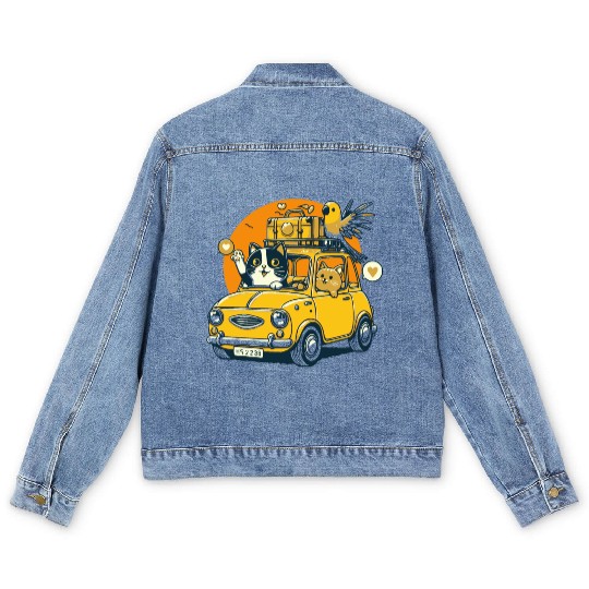 Road Trip by Car : Life's Better with Cat Friends Men's Denim Jackets