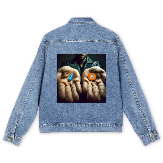 Bitcoin BTC Cryptocurrency Orange Pill Blue Pill Men's Denim Jackets