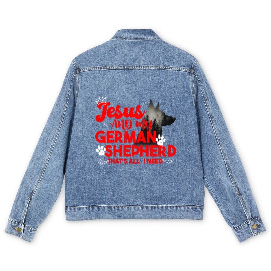German Shepherd JESUS AND MY GERMAN SHEPHERD Men's Denim Jackets