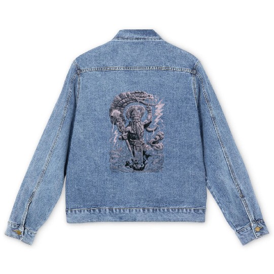 Maya God Mayan Mythology Chaac with Lightning and Men's Denim Jackets