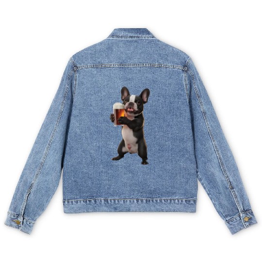 Frenchie Drinking Beer Realistic Men's Denim Jackets