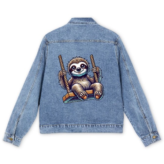 Cute sloth swing cartoon playground animal Men's Denim Jackets