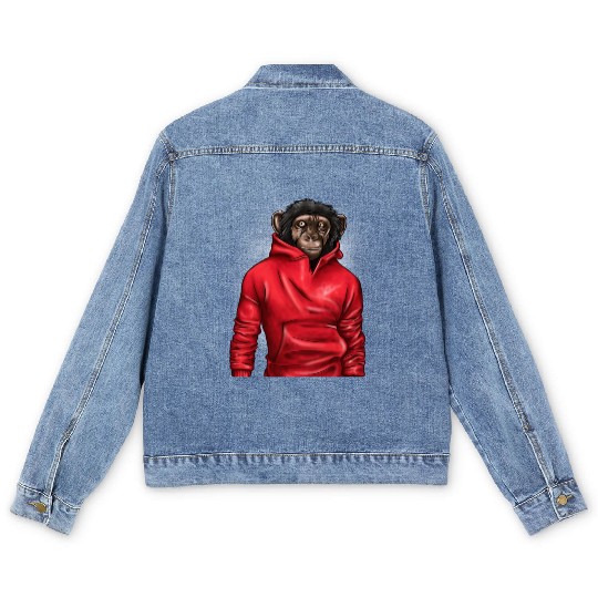 Monkey Wearing A Red Men's Denim Jackets Animal Lover Graphic