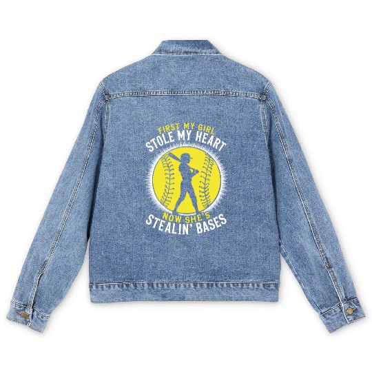 Stole Heart Softball Dad Funny Daddy Father's Day Men's Denim Jackets