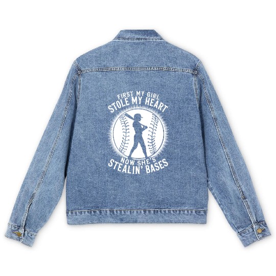 Stole Heart Softball Dad Funny Daddy Father's Day Men's Denim Jackets