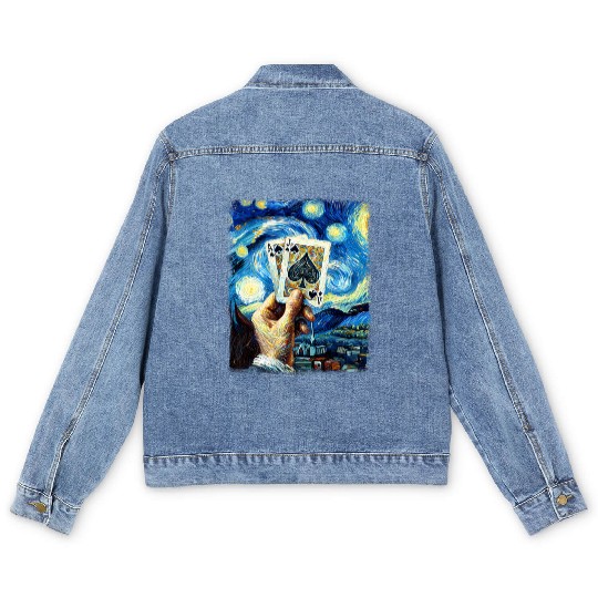 Blackjack Gambling Cards Starry Night Painting Men's Denim Jackets