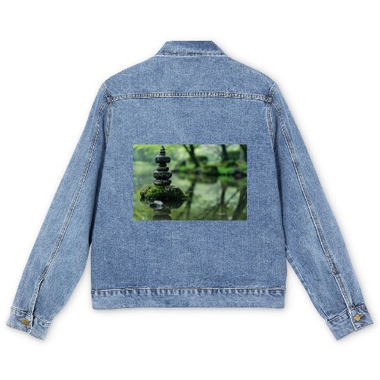 Zen Stone Stack Reflected in Tranquil Pond Men's Denim Jackets
