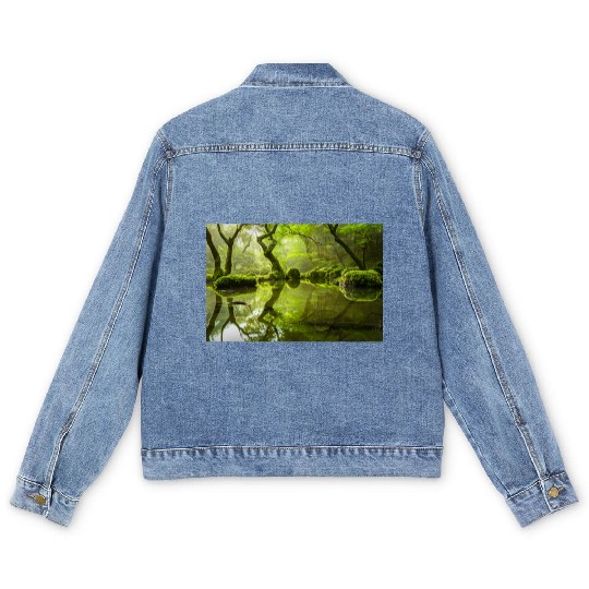 Enchanted Forest Reflections in Tranquil Pond Men's Denim Jackets