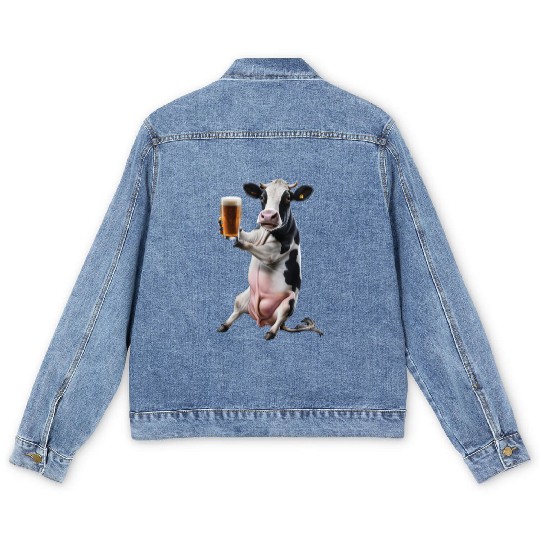 Cow Drinking Beer Realistic Men's Denim Jackets