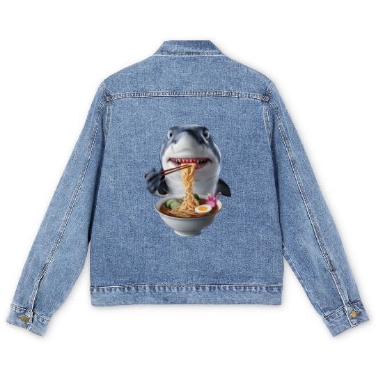 Shark Eating Ramen Realistic Men's Denim Jackets