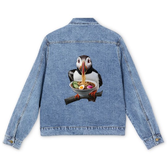 Atlantic Puffin Eating Ramen Realistic Men's Denim Jackets