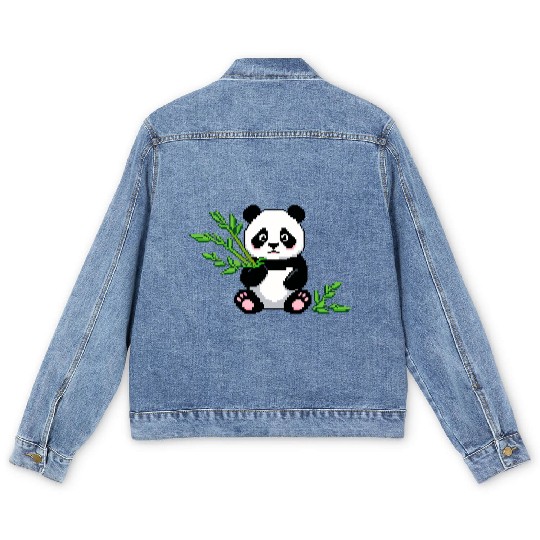 A pixel art of a panda with a bamboo leaf Men's Denim Jackets
