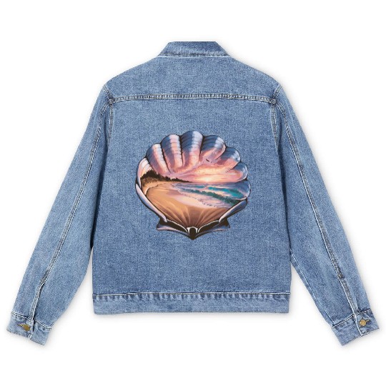 Seashell Beach Scene Serene Ocean Landscape Men's Denim Jackets