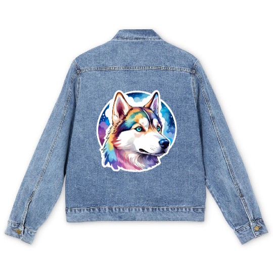 Siberian Husky Watercolor Men's Denim Jackets