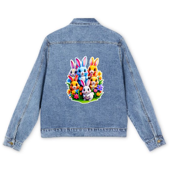 Colorful Spring Celebration with Cute Bunnies Men's Denim Jackets