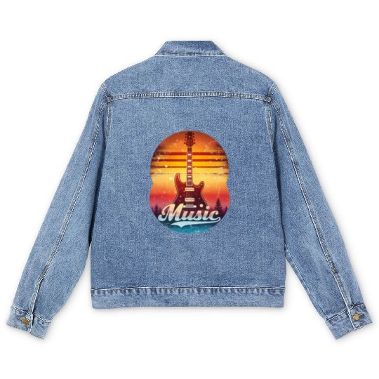 Music Guitar Sunset Vintage Style Streetwear Men's Denim Jackets