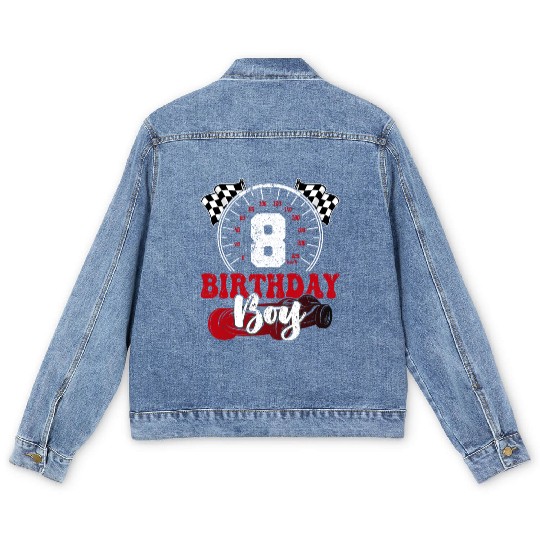 Kids Birthday Boy 8 Eight Race Car 8th Birthday Men's Denim Jackets