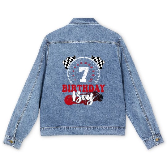 Kids Birthday Boy 7 Race Car 7th Birthday Racing Men's Denim Jackets
